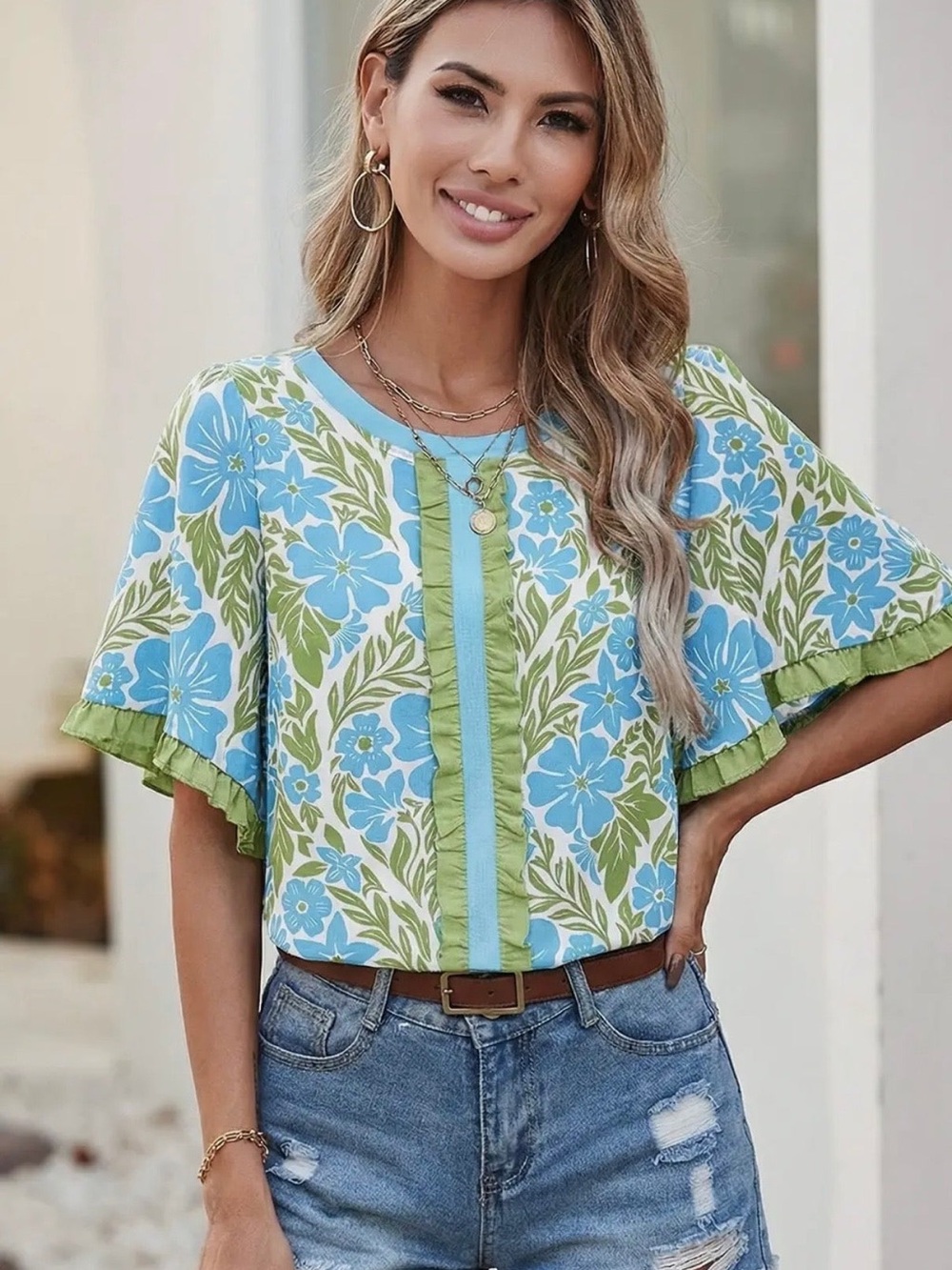 Garden Floral Ruffle Sleeve Blouse in Blue & Green